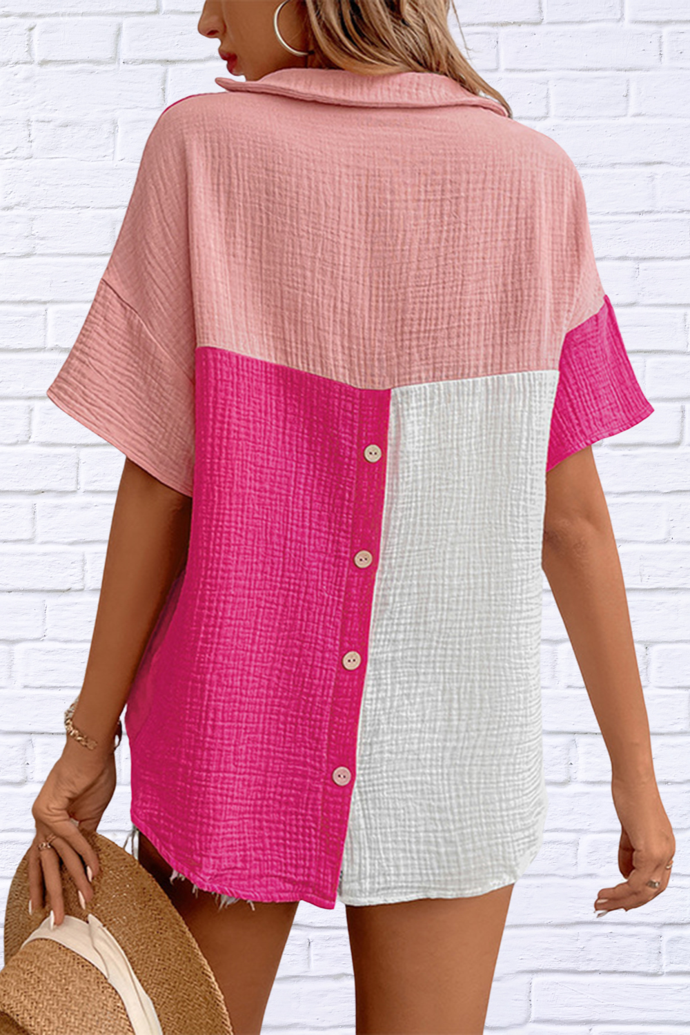 Color Block Johnny Collar Short Sleeve Blouse