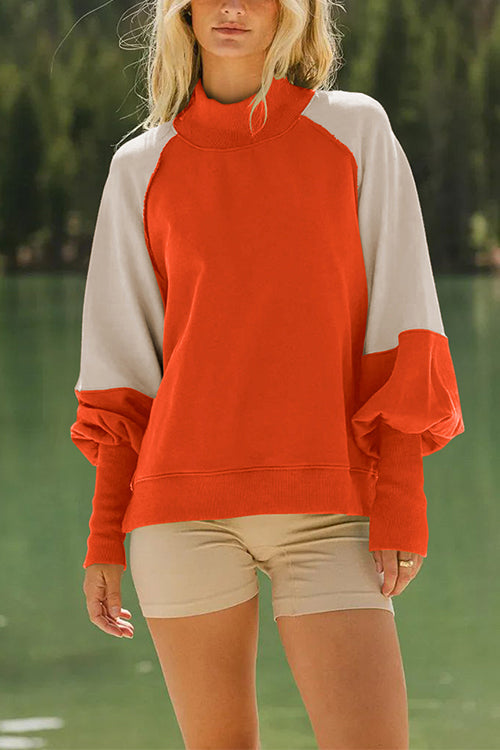 Rosiedress Mockneck Lantern Sleeves Color Block Sweatshirt