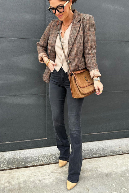 Rosiedress Lapel Single Button Classic Plaid Blazer