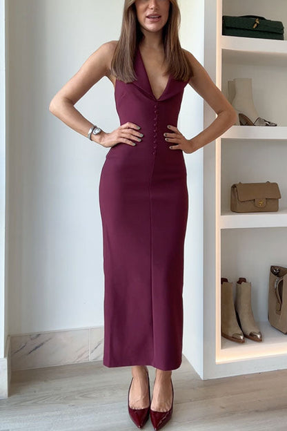 Rosiedress Neckholder-Midikleid mit V-Ausschnitt, rückenfrei, Knöpfen