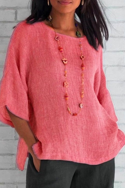 Rosiedress 3/4 Sleeve Side Split Solid Cotton Linen Top Pink