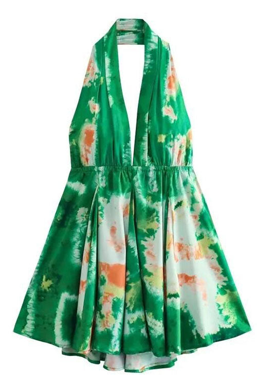 Deep V Neck Halter Backless Printed Mini Vacation Dress Green