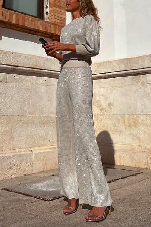 Glam Round Neck Lantern Sleeves Pullover Wide Leg Pants Sequin Two-piece Set Silver