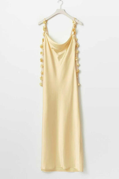 Cowl Neck Flower Applique Satin Maxi Cami Dress