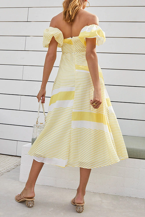 Off Shoulder Puff Sleeves Cut Out A-line Striped Midi Dress