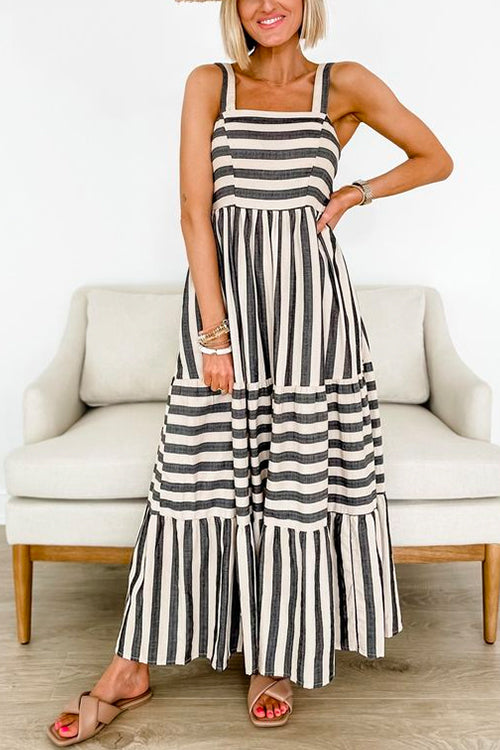 Sleeveless High Waist Striped Maxi Swing Dress Gray