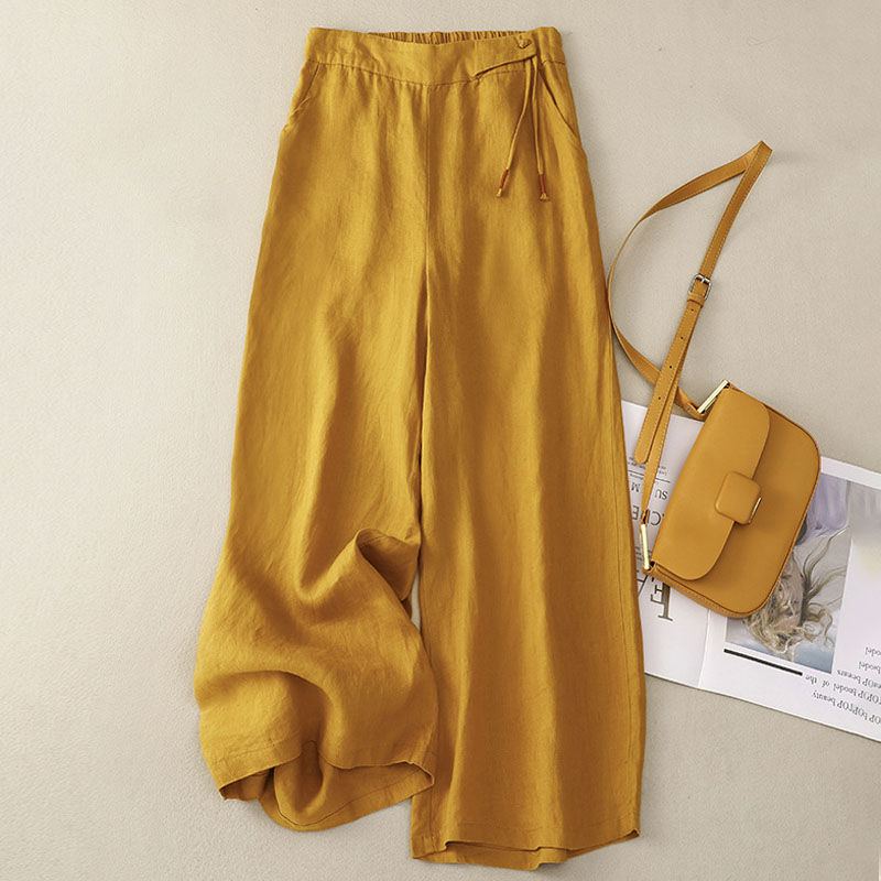 Elastic waist cotton linen cropped pants