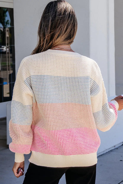 Color Block Waffle Knit Drop Shoulder Round Neck Long Sleeve Sweater
