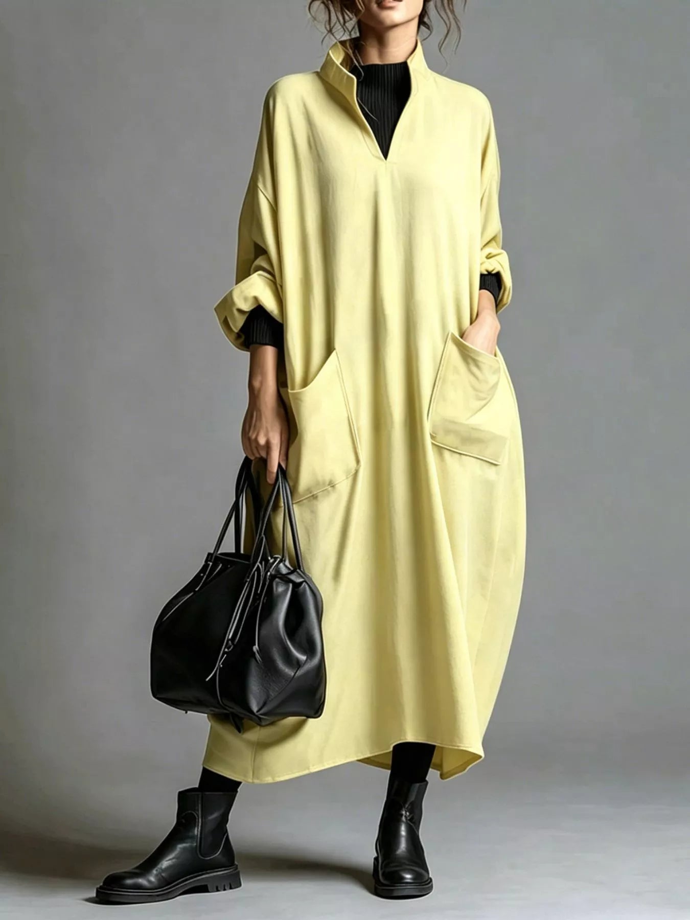 Full Size Loose-Fit Mock Neck Midi Dress with Pockets Plus Size