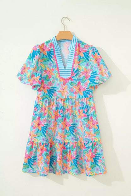 Floral Print Contrast Scallop Striped Trim V Neck Dress