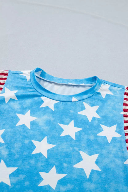 Vintage Star Print Striped Ruffle Sleeve Independence Day Top