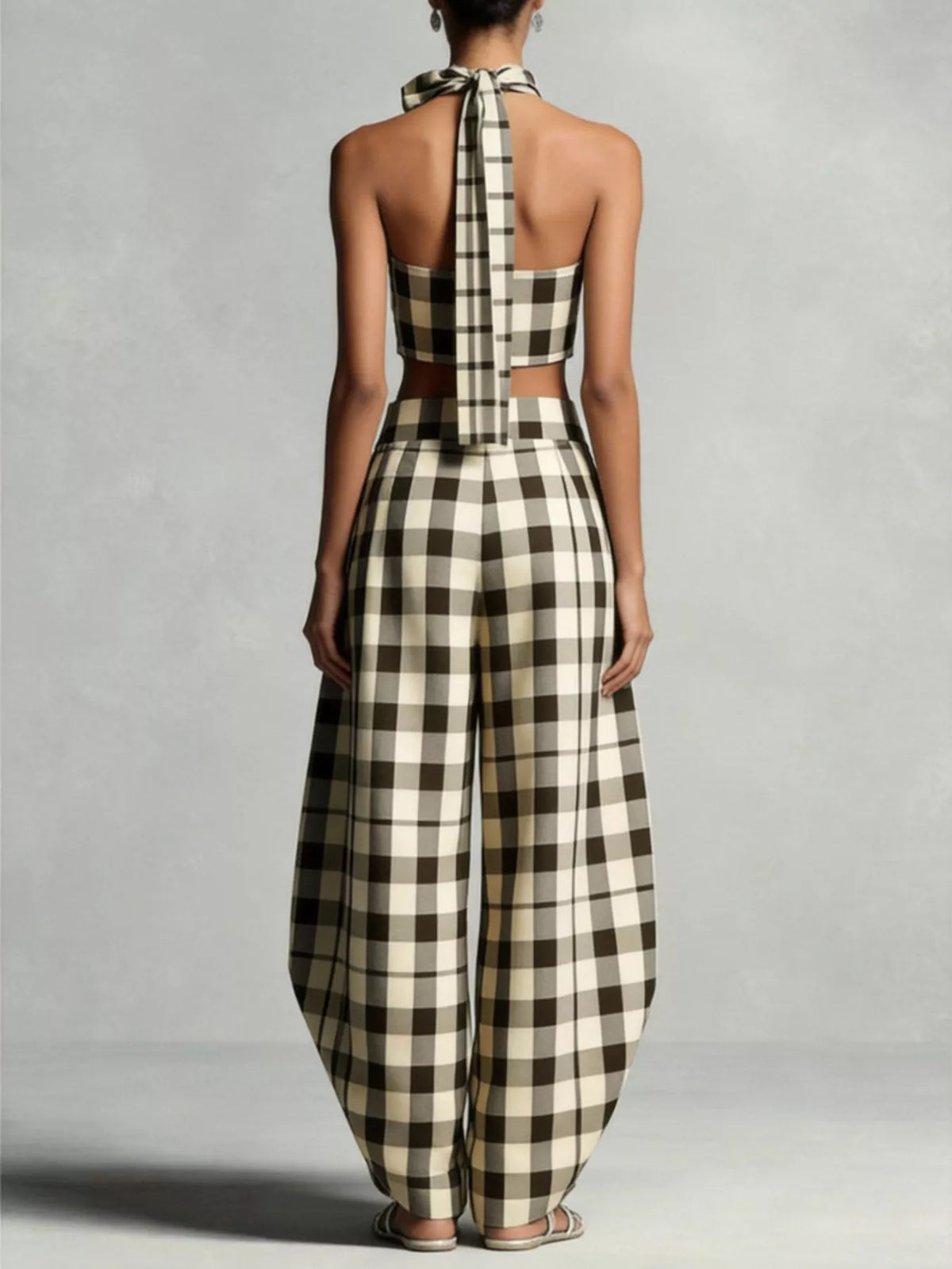 Plaid Halter Neck Crop Top and Wide-Leg Pants Two-Piece Set
