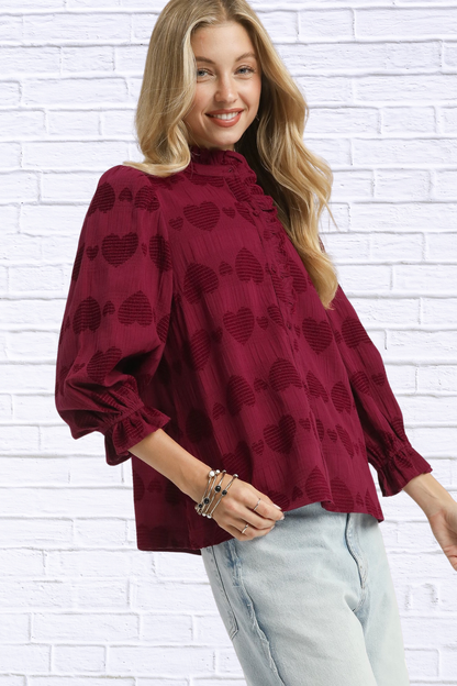 Heart Jacquard Ruffle Trim Shirt