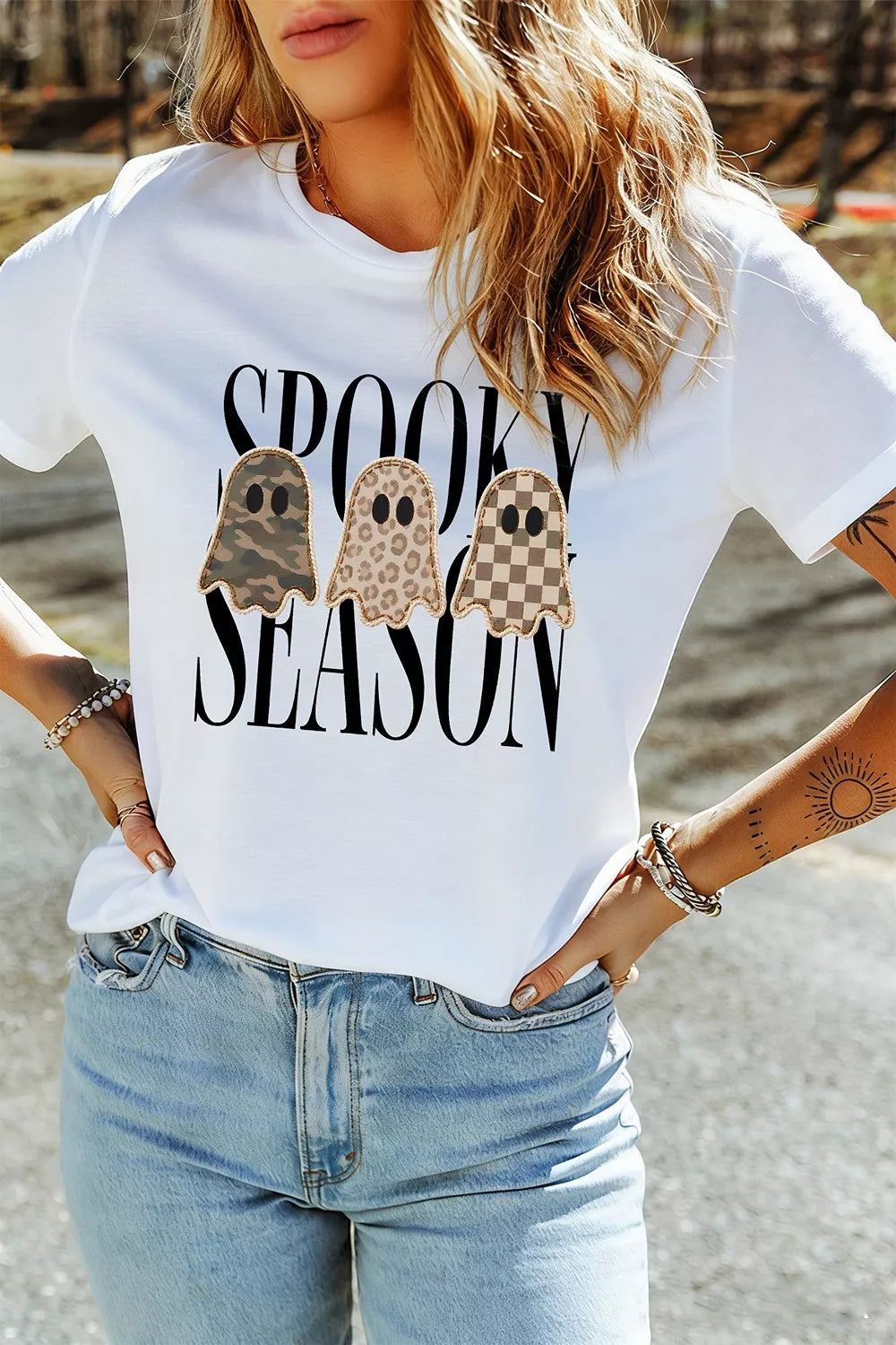 Full Size Spooky Season Ghosts Graphic Short Sleeve Halloween T Shirt Plus Size