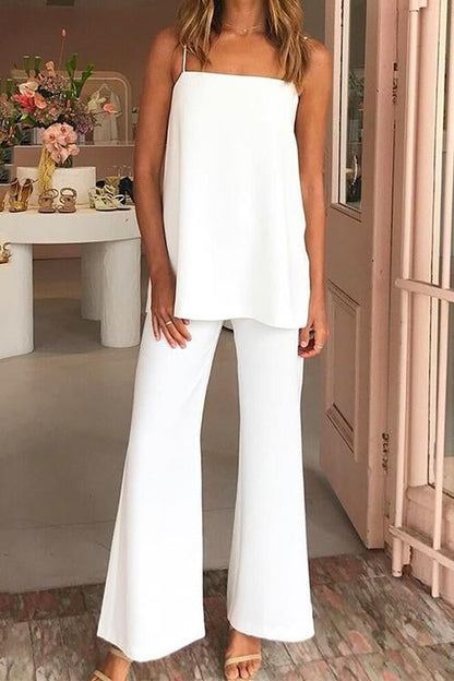 Solid Cami Top Wide Leg Pants Set White