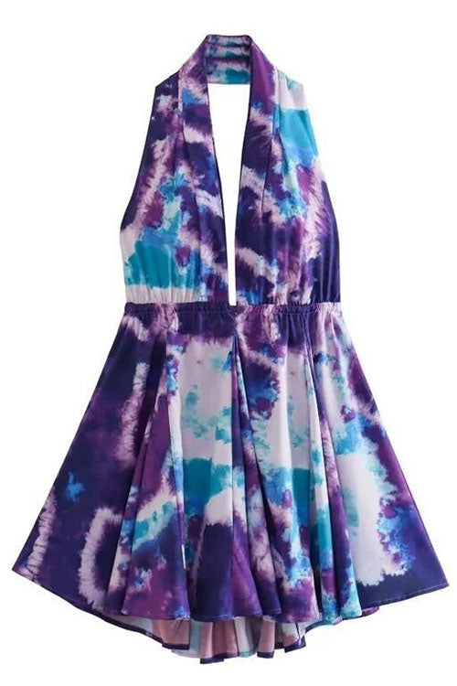 Deep V Neck Halter Backless Printed Mini Vacation Dress Purple