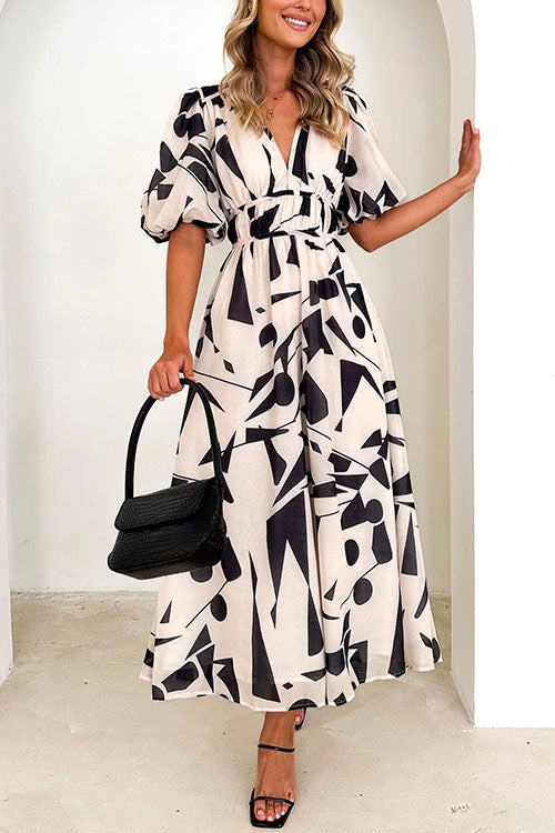 Rosiedress V Neck Half Sleeves Waisted Printed Maxi Swing Dress Apricot