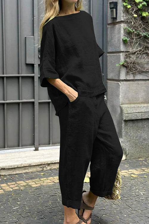 Cotton Linen Half Sleeves Pullover Top Wide Leg Tapered Pants Set Black