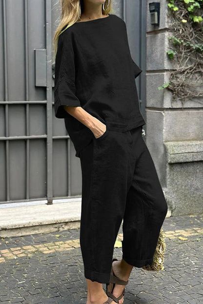 Cotton Linen Half Sleeves Pullover Top Wide Leg Tapered Pants Set Black