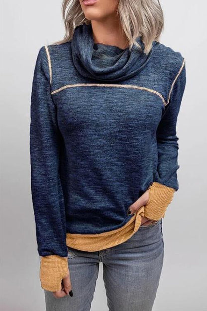 Rosiedress Casual Cowl Neck Color Block Sweatshirt with Thumb Hole