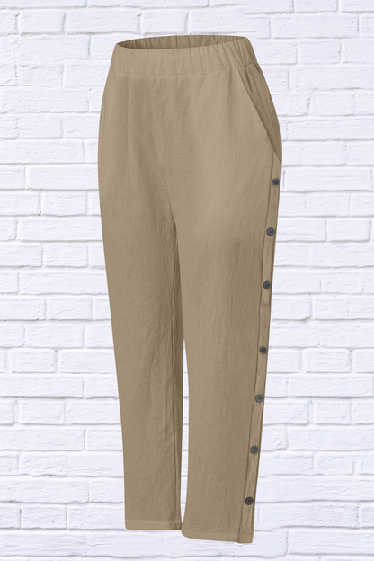 Full Size Side Decor Button Casual Wide Leg Pants Plus Size