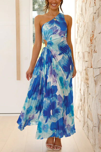 Rosiedress One Shoulder Sleeveless Cut Out Printed Swing Maxi Dress