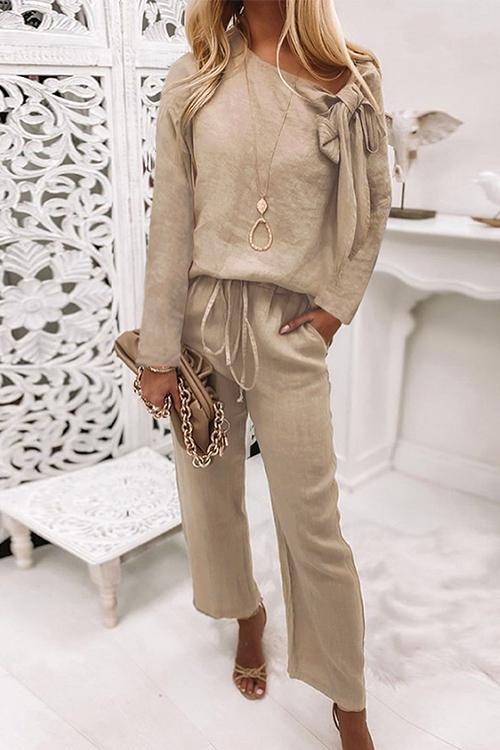 Rosiedress Bow Knot Neck Pullover Drawstring Wide Leg Pants Set Khaki