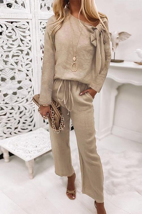 Bow Knot Neck Pullover Drawstring Wide Leg Pants Set Khaki