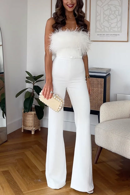 Rosiedress Strapless Feather Tube Top Flare Bottoms Jumpsuit