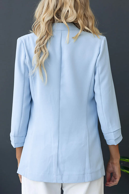 Open Front Ruched Sleeves Pocketed Blazer