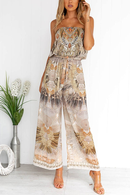 Strapless Beaded Tie Waist Wide Leg Printed Jumpsuit