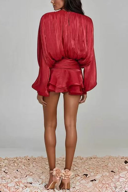Lantern Long Sleeves Draped Ruffle Layered Mini Dress with Shorts