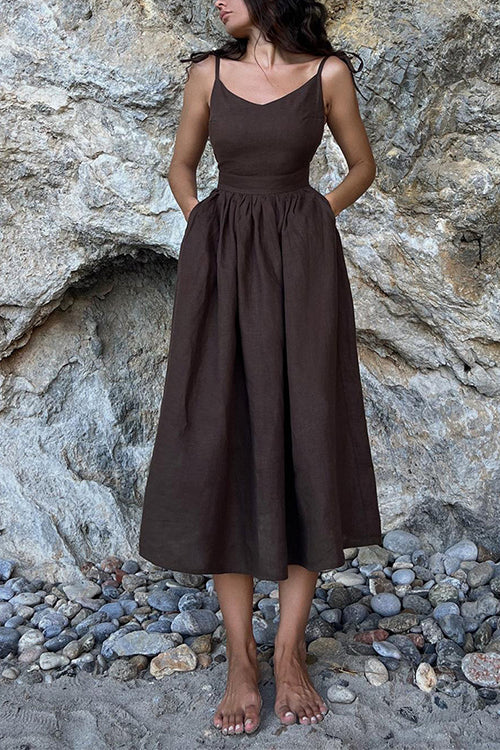 Rosiedress Tie Shoulder Backless Waisted Swing Maxi Cami Dress Coffee