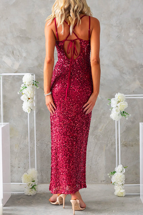 Sleeveless Open Back Slit Sequin Maxi Party Dress