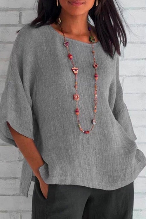 3/4 Sleeve Side Split Solid Cotton Linen Top Gray