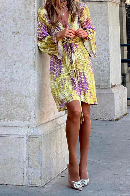 Rosiedress V Neck Knot Front Flare Sleeve Tie Dye Dress