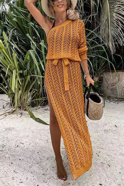 One Shoulder Long Sleeve High Split Hollow Out Beach Dress Yellow