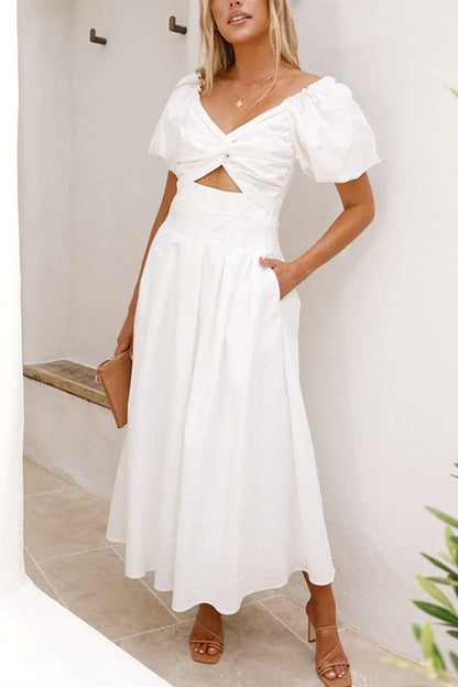 V Neck Twist Front Puff Sleeves Cut Out Maxi Dress