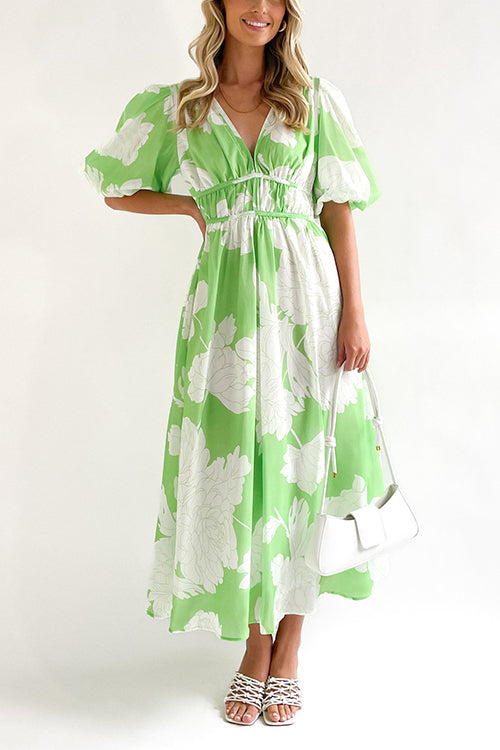 V Neck Puff Sleeves Waisted Floral Midi Dress Green