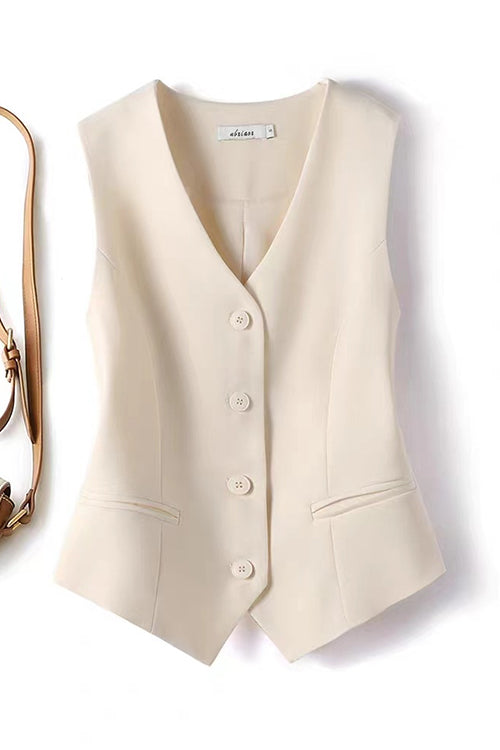 Rosiedress V Neck Button Up Pocketed Blazer Vest