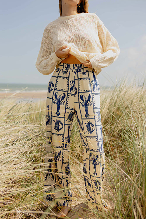 Elastic Waist Pocketed Wide Leg Crabe Print Pants Blue