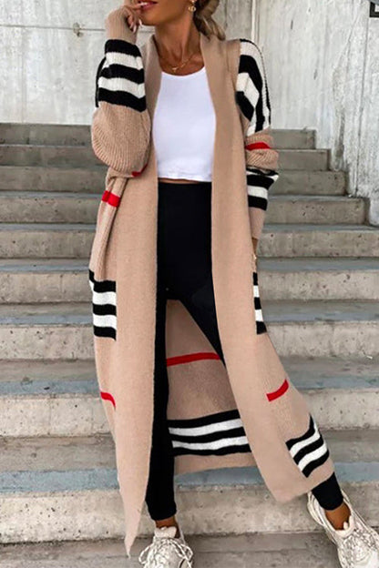 Open Front Color Block Striped Splice Long Sweater Cardigan Camel