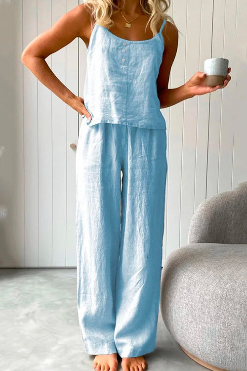 Cotton Linen Cami Top Wide Leg Pants Loungewear Set LakeBlue