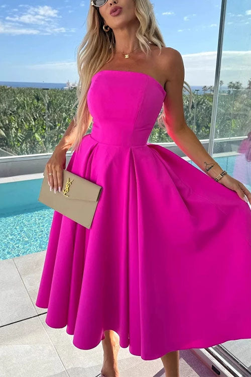 Strapless Open Back Waisted Swing Midi Dress