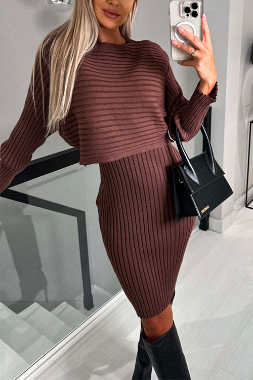 Rosiedress Ribbed Knit Long Sleeves Crop Pullover and Bodycon Cami Dress Set