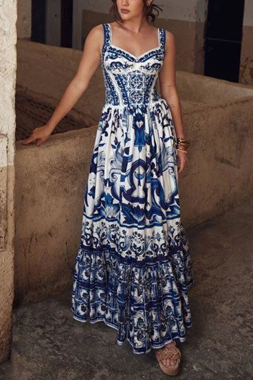 V Neck Waisted Floral Print Swing Maxi Cami Dress Blue