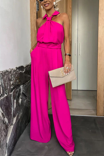 Collared Sleeveless Wide Leg Pocketed Jumpsuit HotPink