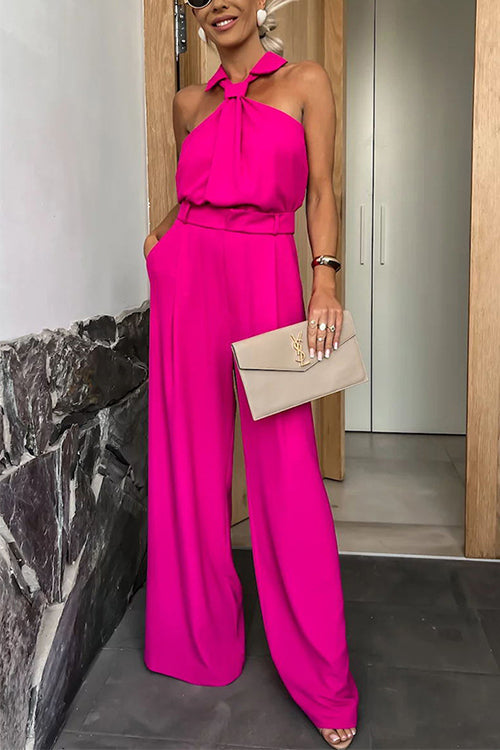 Rosiedress Collared Sleeveless Wide Leg Pocketed Jumpsuit HotPink