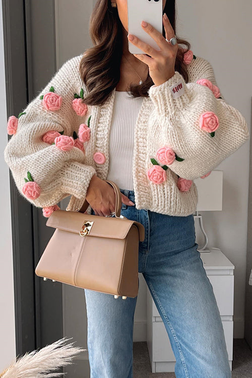 Rosiedress Button Down Flower Applique Sweater Cardigan