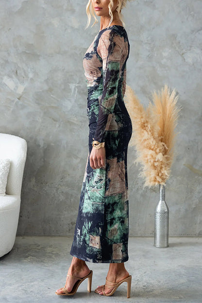 Chic Long Sleeves Abstract Print Bodycon Maxi Dress